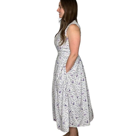 ESHAKTI Lavender Print Georgette Midi Dress Women's Size Small US 6 Cream Purple - Picture 2 of 8